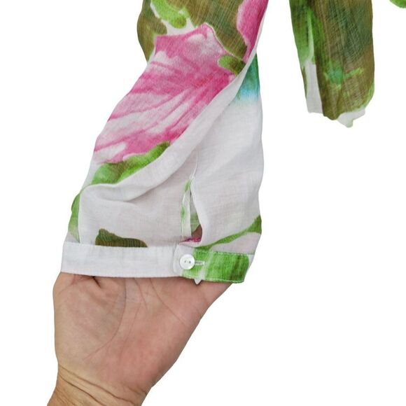 Vintage Tropical Gauze Beach Coverup Top Blouse XL White Floral Tab Sleeve Aloha - Picture 8 of 13